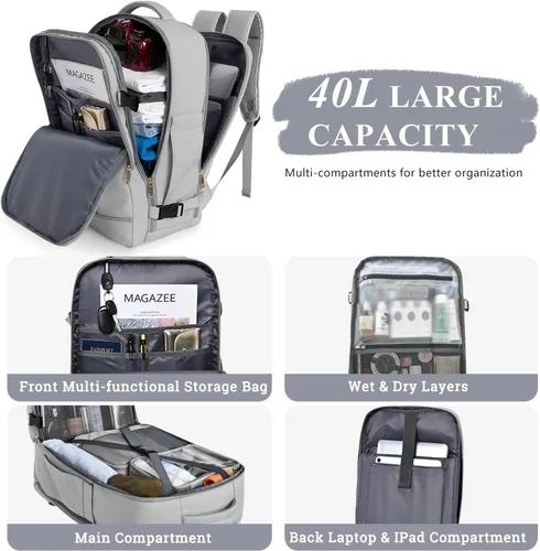 Vista 6 de Sinaliy Mochila de viaje grande para mujeres y hombres, mochila de transporte aprobada por vuelo de 40L, Gris, Mochilas de viaje