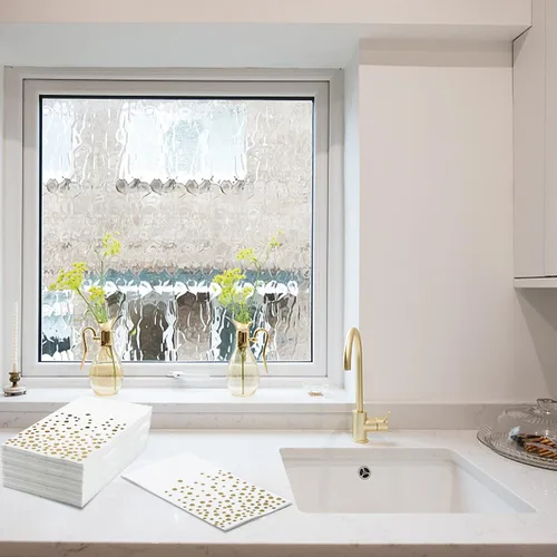 Vista 5 de Paquete de 120 servilletas de papel de aluminio dorado con lunares blancos y dorados, toallas de mano desechables metálicas para boda, baby shower
