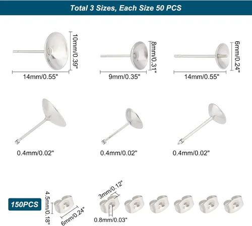 Vista 5 de UNICRAFTALE 150 piezas de 3 tamaños de aretes de acero inoxidable para aretes redondos planos y redondos, pegamento de copa de perlas, pasadores