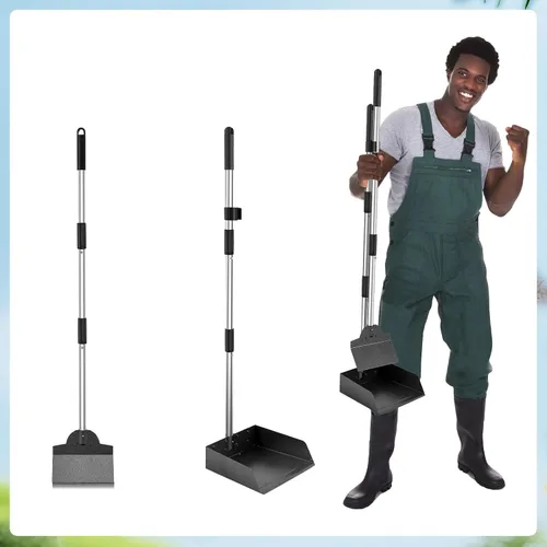 Vista 2 de Pala para excrementos de mascotas, juego de pala y bandeja de aluminio con mango largo ajustable de acero inoxidable, pala para residuos de mascotas