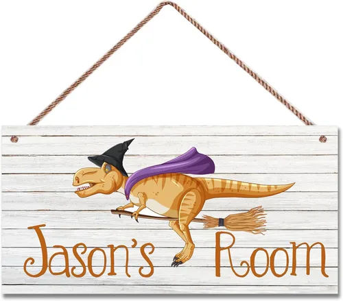 Vista 11 de Letrero de dinosaurio personalizado, bonito arte de dibujos animados para habitación de niños, decoración de pared de puerta, placa de arte floral