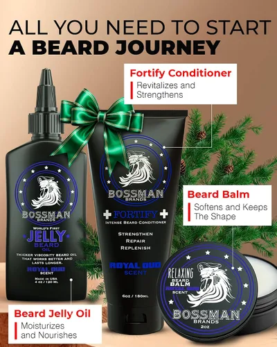 Vista 2 de Bossman Essentials Kit de barba para hombres, juego de 3, gelatina de aceite para barba, crema acondicionador fortificante, bálsamo para barba