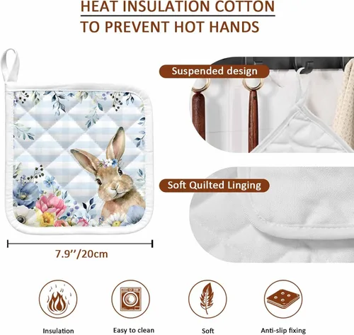 Vista 9 de Juego de soportes para ollas de Pascua azules para cocina, platos de sartén para horno, tapete a prueba de calor con lazo para colgar, agarraderas