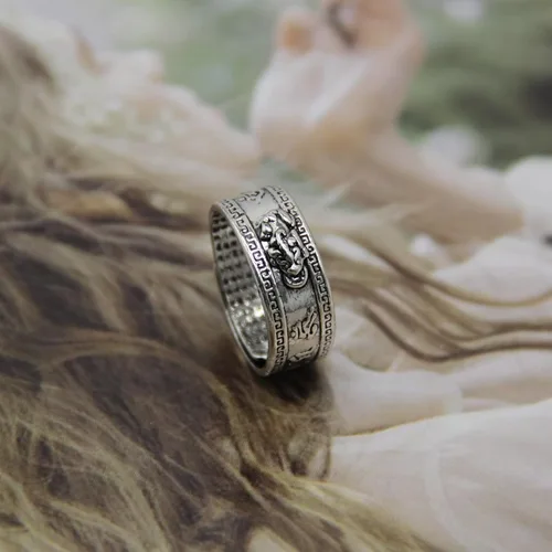 Vista 4 de ZMANYIJEW Feng Shui Pixiu Mantra - Anillo vintage ajustable para mujeres y hombres, amuleto budista de buena suerte, mantra, doble protección