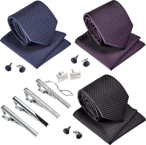 Vista 31 de Juego de corbata de regalo para hombre, corbata sedosa, bolsillo cuadrado, clips de corbata, gemelos para hombres