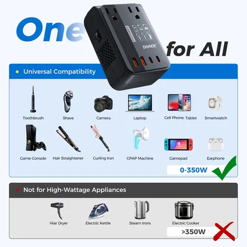 Vista 2 de Convertidor de voltaje de 350 W actualizado de EE. UU. a Europa para alisador de cabello, afeitadora, cepillo de dientes, cámara CPAP, teléfono