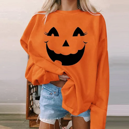 Vista 2 de Disfraz de mujer casual de moda con estampado de Halloween de manga larga con cuello redondo