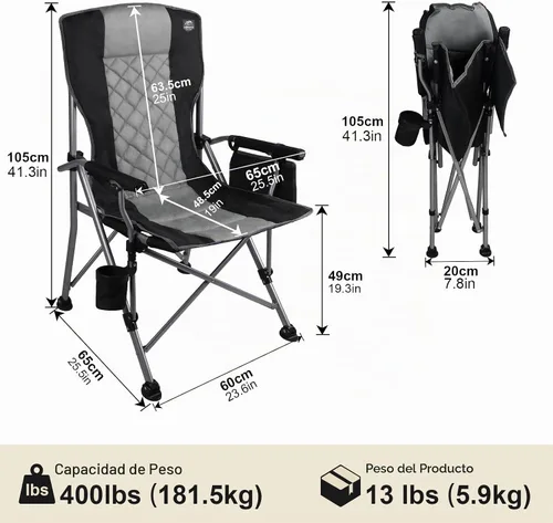 Vista 3 de Silla de camping plegable acolchada con reposabrazos duro, soporte para tazas, resistente para adultos, respaldo acolchado, silla de campamento