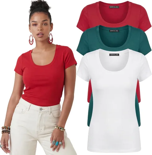 Vista 15 de Emmalise - Camiseta de manga corta para mujer, cuello redondo, estilo básico, pack de valor, tallas junior y grandes
