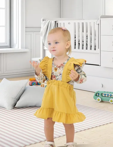 Vista 2 de ATEUNO Newborn Baby Girl Clothes Long Sleeve Floral Romper Tops Ruffle Suspender Skirt Set Infant Overall Dress Fall Outfits