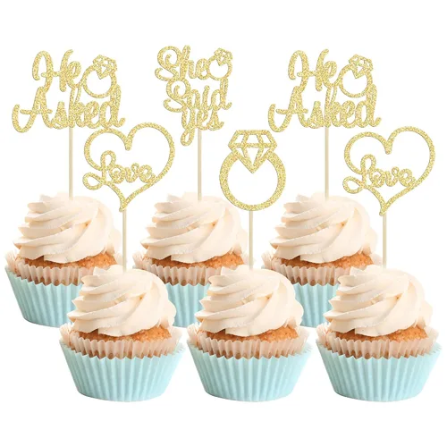 Vista 13 de Gyufise Paquete de 24 adornos para cupcakes con purpurina negra con la frase "He Asked She Said Yes" para cupcakes, anillos de corazón con purpurina