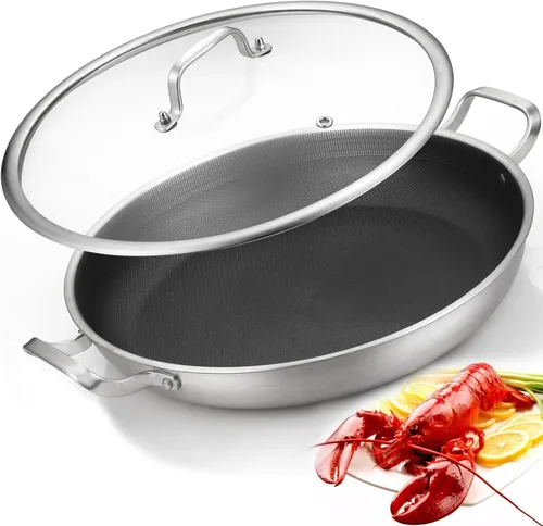 Vista 11 de Yeksum - Sartén de acero inoxidable de tres capas para paella, sartén grande con tapa (acero inoxidable híbrido, 12 pulgadas)