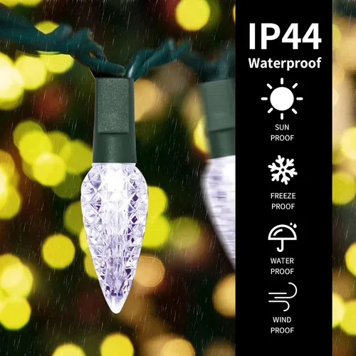 Vista 2 de 50 luces LED C6, alambre verde, estuche de batería impermeable, funciones múltiples, temporizador, blanco frío