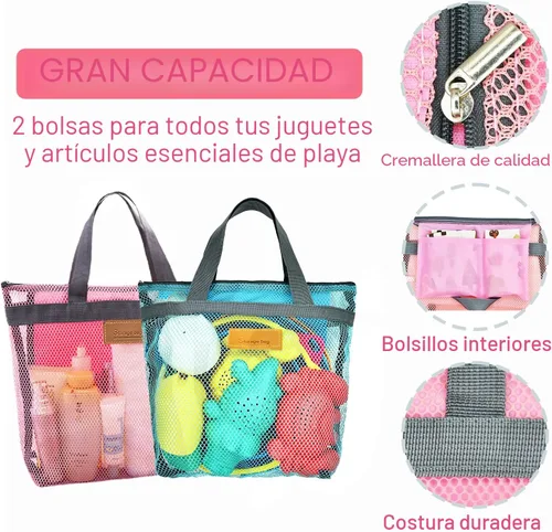 Vista 3 de Juguetes de playa plegables para niños y bebés, juego de cubos de arena y palas plegables con bolsas de malla y moldes de arena, juguetes de arena