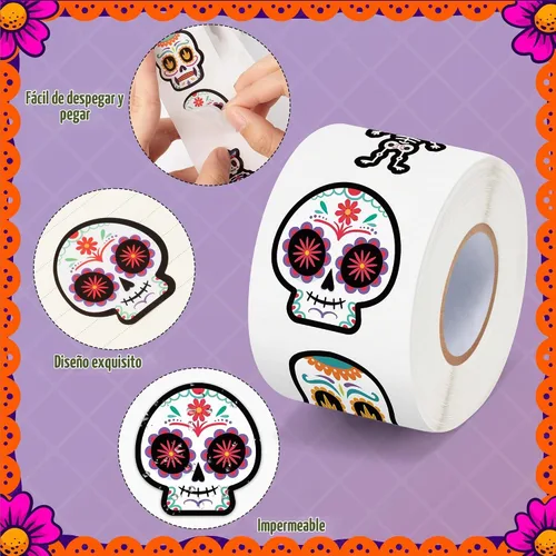Vista 3 de BeYumi Calcomanías en rollo de calavera de azúcar, 1000 unidades, calcomanías del Día de los Muertos en 2 rollos Dia de Los Muertos Calavera