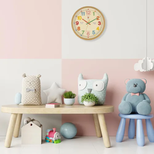 Vista 5 de Foxtop Silent Kids - Reloj de pared de aprendizaje de 12 pulgadas, sin tictac, funciona con pilas, colorido reloj para niños