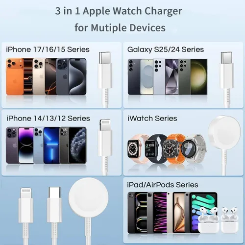 Vista 5 de Cable de carga Apple Watch 3 en 1, cable de carga magnético rápido de 1.8 m iWatch/USBC/Lightning a USB C y bloque de pared tipo C para iWatch