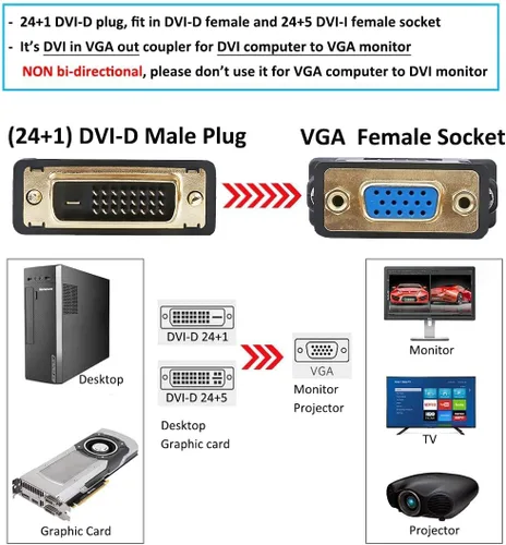 Vista 5 de DTECH Adaptador DVI a VGA DVI-D macho a VGA hembra Convertidor 1080P Conector de vídeo 24+1 Pin para monitor Proyector de computadora