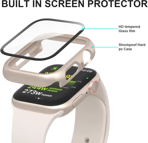 Vista 10 de Paquete de 6 fundas para Apple Watch Series 9, Series 8, Series 7 de 1.61 pulgadas, funda con protector de pantalla de vidrio templado incorporado