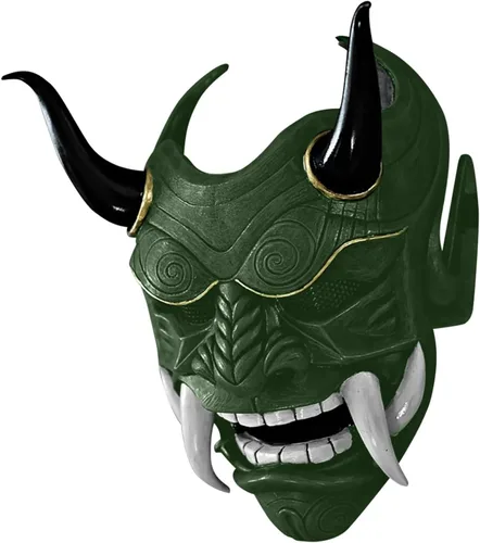 Vista 13 de HTLNUZD Máscara completa de látex de Halloween, máscara de cosplay japonesa para PrajnaHeadgear Samurai Evil KabukiHannya Party Mask Decora Negro