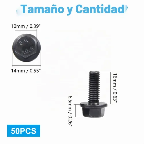 Vista 2 de M6-1.0 x 16 mm Pernos de cabeza hexagonal con brida, tornillos hexagonales de brida, acabado negro Clase 10.9, acero de aleación, totalmente