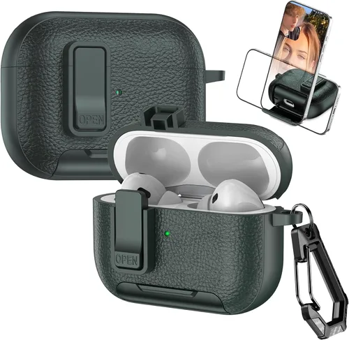Vista 16 de Funda de cuero con clip de bloqueo para AirPods Pro 2ª/1ª con mosquetón, soporte de carga inalámbrica con soporte, cubierta de protección resistente