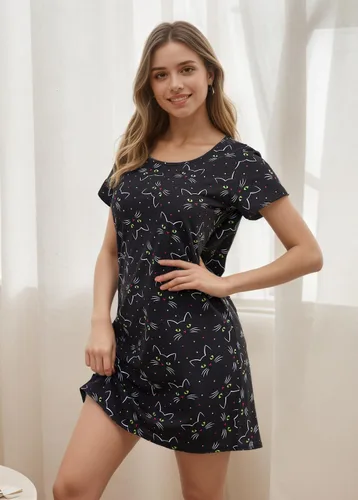 Vista 5 de Inadays Camisón de algodón para mujer, ropa de dormir de manga corta, camisón casual con estampado, pijama holgado y cómodo