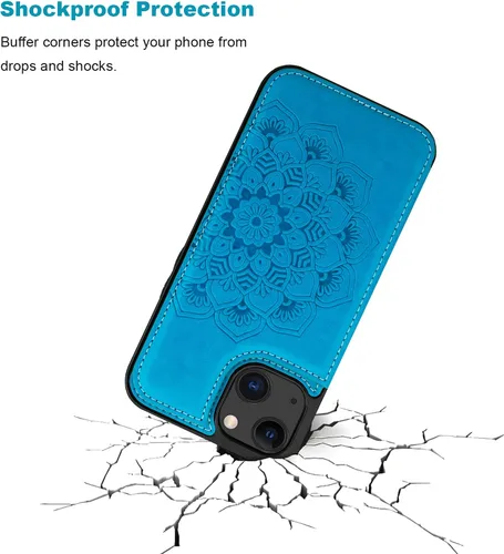 Vista 6 de Vaburs Funda compatible con iPhone 13 con tarjetero y diseño de mandala en relieve, de piel sintética, doble botones, a prueba de golpes, para Azul