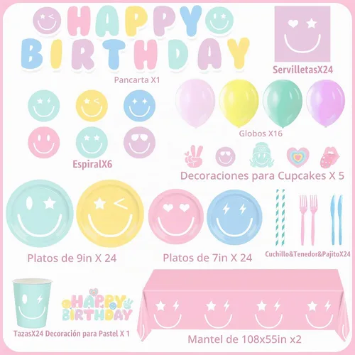 Vista 2 de 199 piezas de decoración de cumpleaños con cara sonriente y juego de platos temáticos y servilletas con temática de pastel sonriente, globo