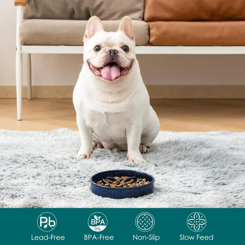 Vista 3 de vancasso Cuencos de alimentación lenta de cerámica para perros, cuencos de comida para perros con rompecabezas con laberinto floral, plato Azul