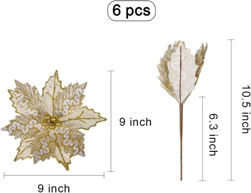 Vista 2 de Flores doradas de Pascua de Navidad, paquete de 6 flores de tela con purpurina de 9 pulgadas, adornos para coronas de Navidad, guirnaldas
