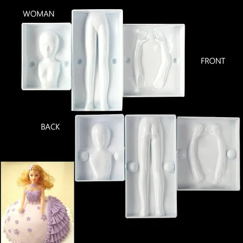 Vista 4 de Juego de 3 moldes de plástico para fondant humano 3D, hombre, mujer, niños, muñeca, cuerpo, brazo, pierna, polímero, plantillas de bricolaje