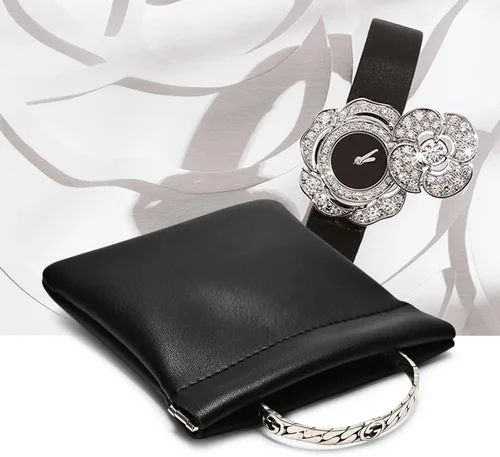 Vista 2 de Woodten Bolsa de viaje de piel sintética para joyas, bolsa de joyería de cuero, bolsa de regalo para fiesta de boda (S, negro)