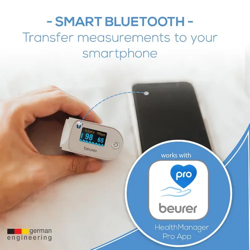 Vista 4 de Beurer Oxímetro de pulso digital Bluetooth para la punta del dedo, monitor de saturación de oxígeno en sangre y frecuencia cardíaca con accesorios