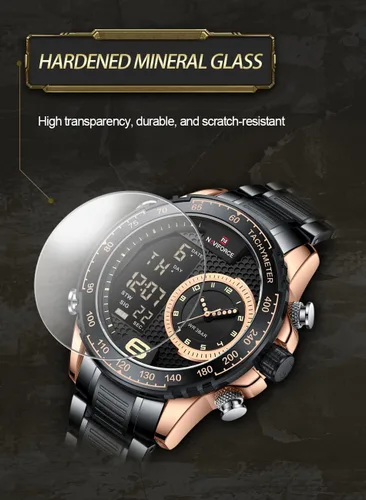 Vista 5 de NAVIFORCE Reloj para hombre, impermeable, de acero inoxidable, LED, analógico, digital, para hombre, fecha, cronómetro, alarma, reloj deportivo
