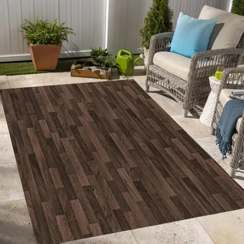Vista 23 de Alfombra rústica impermeable de grano de madera marrón con estampado de tablero de madera antigua, para balcón, porche, patio, terraza, lavable