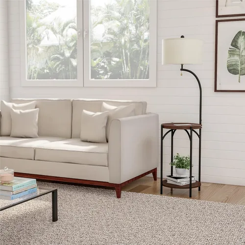 Vista 4 de Lámpara de pie con mesa auxiliar, estantes laterales rústicos modernos con puerto de carga USB, bombilla LED y pantalla en forma de tambor, luces