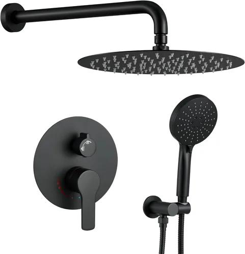 Vista 8 de Sistema de ducha de oro cepillado de 12 pulgadas para baño, cabezal de ducha de lluvia dorado de alta presión con rociador de mano, accesorios