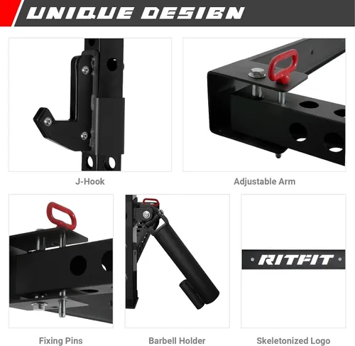 Vista 5 de RitFit 2.36'' x 2.36'' Folding Squat Rack for Home Gym, Wall Mounted Squat Rack with Attachments - Space Saving Squat Power Rack Negro