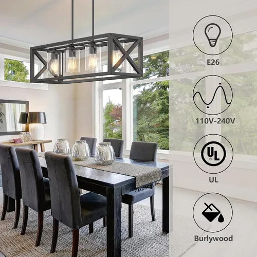 Vista 4 de Lámpara de comedor de granja – Iluminación de isla de cocina de 4 luces con altura ajustable y metal grueso para comedor sobre mesa, candelabros