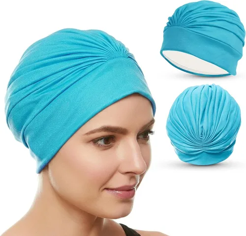 Vista 21 de BEEMO Gorros de natación para mujer, turbante de natación, de poliéster, con forro de látex, plisado para mujer Negro