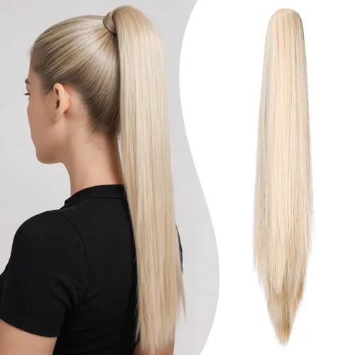 Vista 32 de Felendy Extensión de cola de caballo de 18 pulgadas, mezcla de rubio ceniza, marrón oscuro, rizado, ondulado, con clip, extensiones de cabello largo