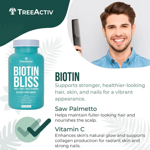 Vista 6 de Biotin Bliss Skin Hair Nails Vitaminas + Saw Palmetto Suplemento Volumizador y Espesante Fórmula para Hombres Mujeres Folato MSM B Complejo
