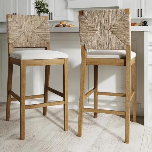 Vista 19 de Nathan James Beacon Taburete de bar bohemio con respaldo, de altura de bar, silla para isla de cocina, taburete de bar de seagrass, bouclé