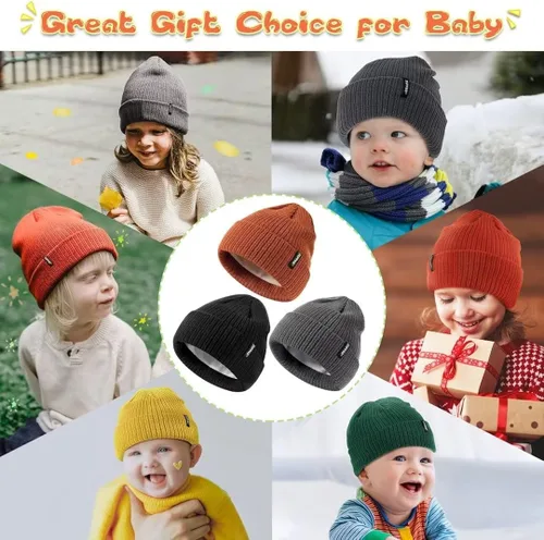 Vista 7 de ZUPPAD Baby Beanie Hat 3 Packs Toddler Girls Boys, Baby Hats Winter Warm Knitted Thermal with Fleece Lining, Kids Winter Hat