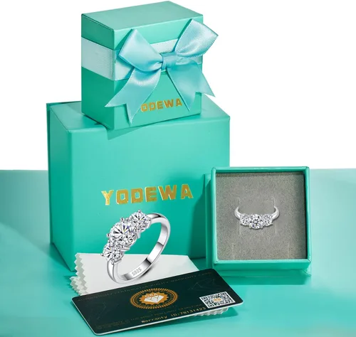 Vista 6 de YODEWA - Anillo de compromiso para mujer con 3 brillantes gemas de moissanita de corte redondo montadas en plata de ley