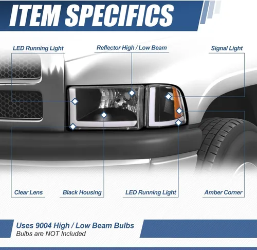 Vista 2 de Auto Dynasty Conjunto de Faros LED DRL Compatible con Dodge Ram 1500 2500 3500 de 1994-2002, 4 Piezas Faros Halógenos de Repuesto con Doble Luz