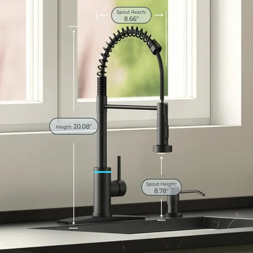 Vista 8 de Grifo de cocina táctil, rociador desplegable de 3 modos, sensor activado, válvula de cerámica, control de temperatura LED, rotación de 360 grados