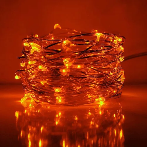 Vista 2 de RUICHEN Cadena de luces LED de alambre de cobre regulable de 33 pies, 100 luces LED enchufables con control remoto, color naranja Dimmable