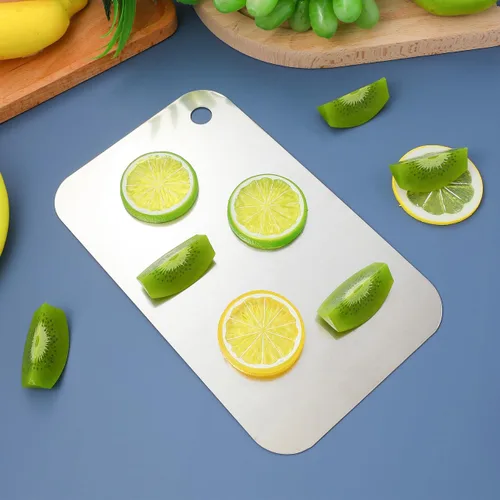 Vista 5 de Ciieeo Juego de 2 tablas de cortar de acero inoxidable de 9.44 x 5.90 pulgadas, reversibles antideslizantes, bloques de cortar de cocina con mango